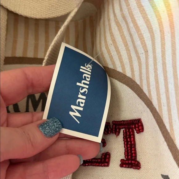 NWT-BEADED (one side) Striped Farmer's Market Tote Bag with Strawberry Design - Picture 11 of 14